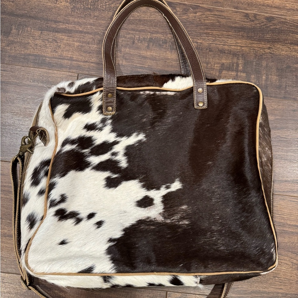 Brown Leather and Cowhide Tote Bag
